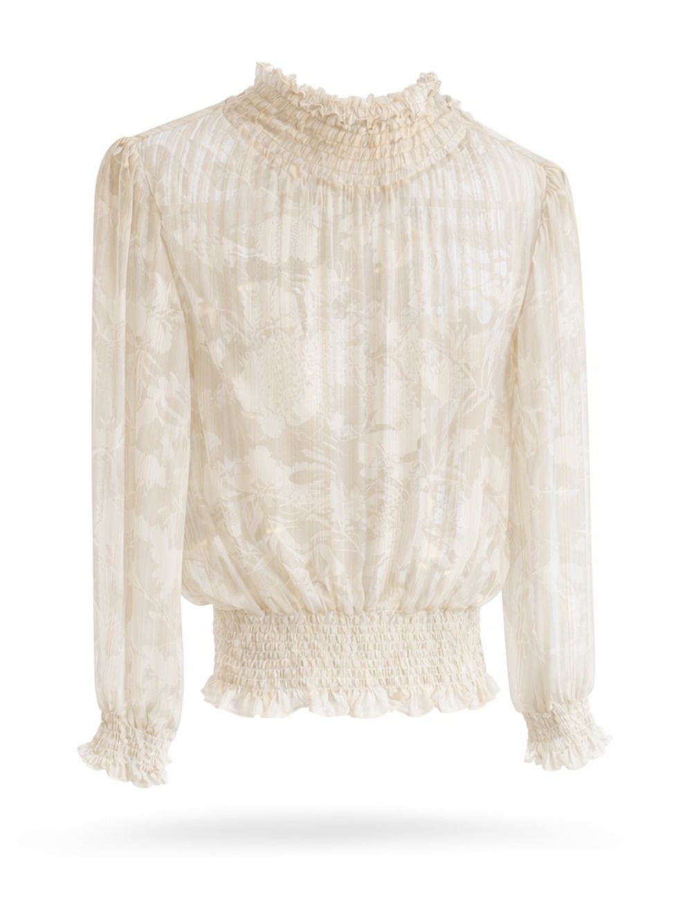 Trendy JS Sheer Floral Smocked Blouse Cream Gold Long Sleeve Boho Top | SIZE M